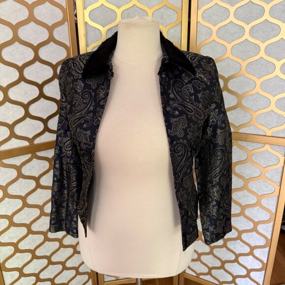 Y2K Scott McClintock Size 8 Black & Gold Paisley Faux Fur Collar Blazer Jacket - Picture 3 of 15